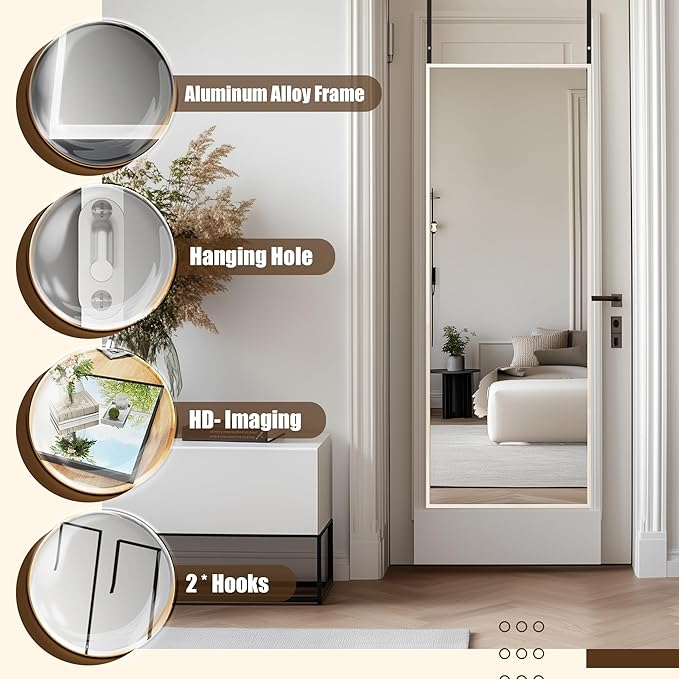 Antok Over The Door Mirror Full Length, 49'' x 14''Wall Mounted Hanging Mirror, Aluminum Alloy Frame, Shatterproof Glass, No Drill Installation for Bedroom, Closet, Bathroom, Dorm, Rect Corner,White