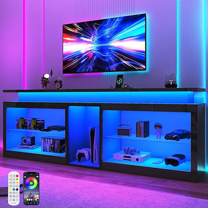 80" LED TV Stand with Power Outlet,60-Colors LED Lights For 80 85 90in TV,High Gloss Gaming Entertainment Center w/Adjustable Shelves,Black TV Console with Modern Design for Living Room Bedroom