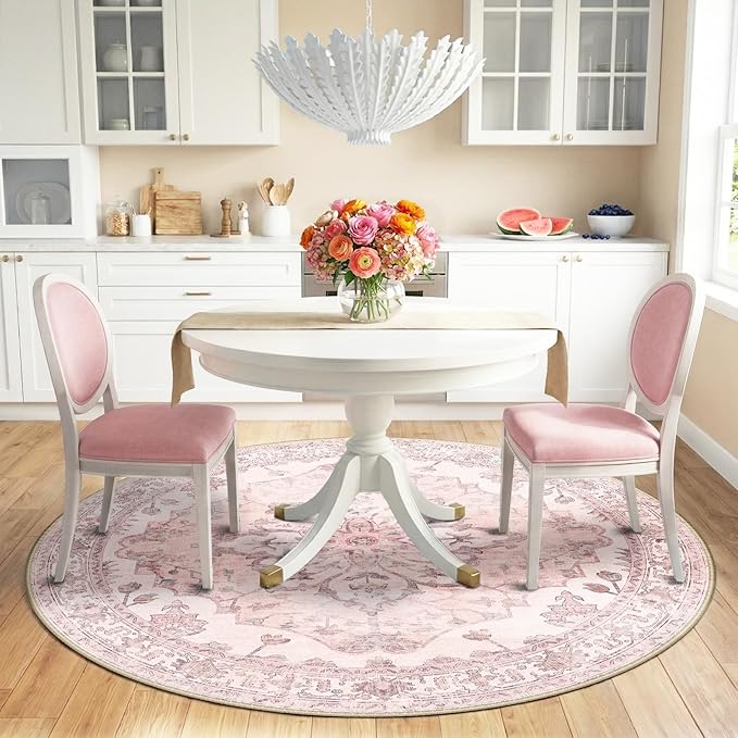RELEANY Area Rugs Round 6ft Washable Non-Slip, Floral Vintage Distress Print Pattern Medallion Carpet for Living Room Bedroom Dining Room, Pink Greypink Cute
