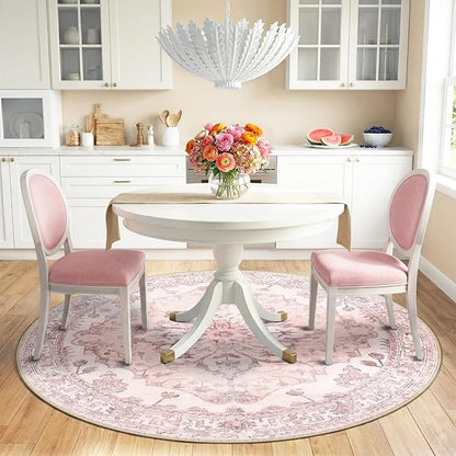 RELEANY Area Rugs Round 6ft Washable Non-Slip, Floral Vintage Distress Print Pattern Medallion Carpet for Living Room Bedroom Dining Room, Pink Greypink Cute