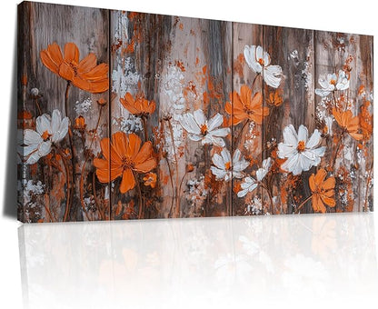 BQVCT Rustic Floral Wall Art 20x40 Inch Large Gallery Wrapped Canvas Print Orange & White Flowers on Wood Background Ready to Hang for Living Room Bedroom Office