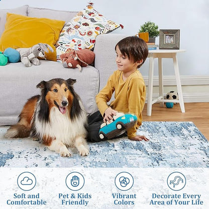 ROYHOME 5x7 Area Rugs Modern Abstract Faux Wool Rug Ultra-Soft Low Pile Accent Rug Stain Resistant Carpet Machine Washable Rugs for Bedroom with Non Slip Backing, Blue