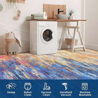 ROYHOME Modern Abstract Living Room Rug 8x10, Washable Area Rugs for Bedroom, Stain Resistant Non Slip Large Rug, Soft Indoor Carpet for Dining Room Table Home Decor, Blue/Orange