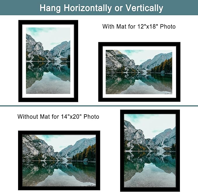 iRahmen 14x20 Picture Frame Set of 2 with Plexiglass, Black Poster Frame Display 12x18 Picture with Mat or 14 x 20 Without Mat, Wood Photo Frame for Horizontal or Vertical Wall Mounting