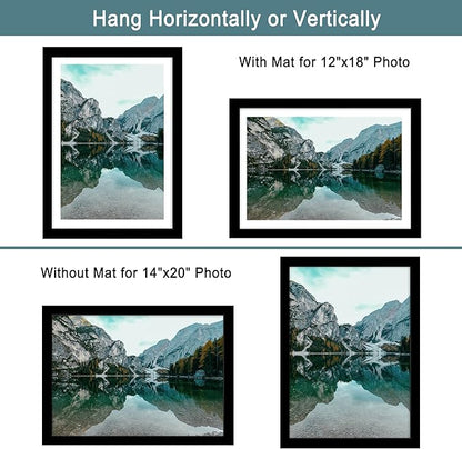 iRahmen 14x20 Picture Frame Set of 2 with Plexiglass, Black Poster Frame Display 12x18 Picture with Mat or 14 x 20 Without Mat, Wood Photo Frame for Horizontal or Vertical Wall Mounting