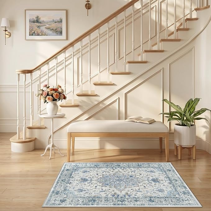 RELEANY Area Rugs 2'6"x4' Kitchen Rugs Entry Rug Small Rugs for Entryway Kitchen Bathroom Door Mat Indoor Entrance,Washable Non Slip, Light Blue Navy Beige Gray White