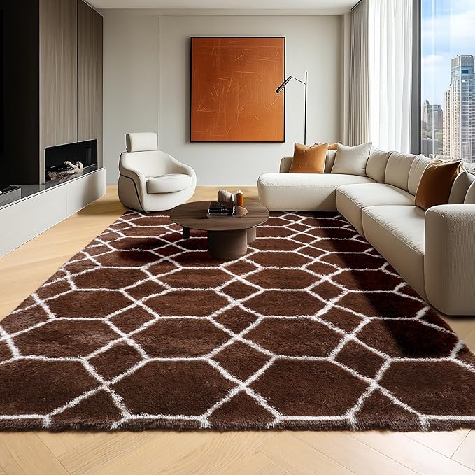 ONASAR 6x9 Area Rugs for Living Room Bedroom, Large Fluffy Brown and White Throw Rug, Geometric Soft Plush Shaggy Fuzzy Floor Carpet for Nursery Kids Girls Boys Teen Dorm Home Office Decor