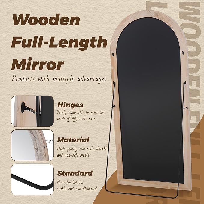 Antok Full Length Mirror with Solid Wood Frame, 71"×32" Wall Mounted Oversized Floor Mirror with Stand, Leaning Standing Hanging for Bedroom Living Room Entryway, White, Arched Syle