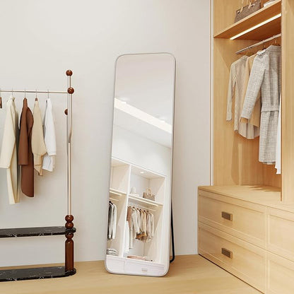 NARCISSUS 57x16 Mirror Door Hanging Full Length Body with Floor Stand or Wall Mounted Metal Aluminum Frame Tempered Glass Rectangle Mirrors for Bedroom Dressing Living Room Bathroom 57 inch Silver