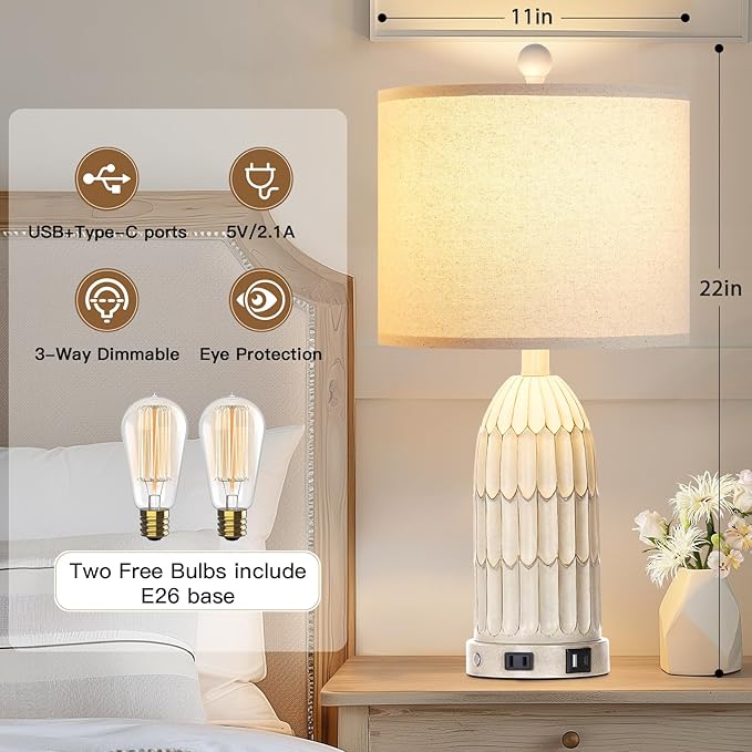 Cinkeda Farmhouse Table Lamps Set of 2, 3-Way Dimmable Touch Lamp for Bedroom Nightstand with USB A+C Ports & AC Outlet, White Vintage Boho Bedside Lamp for Living Room End Table (Bulbs Included)