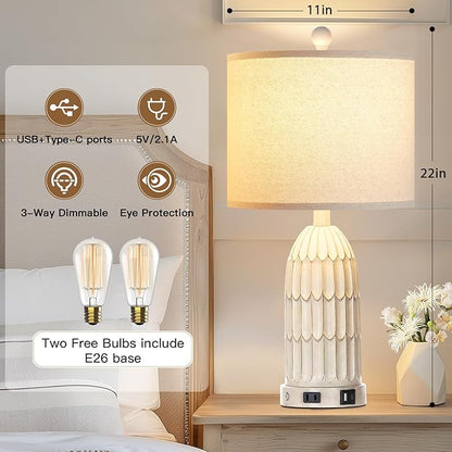 Cinkeda Farmhouse Table Lamps Set of 2, 3-Way Dimmable Touch Lamp for Bedroom Nightstand with USB A+C Ports & AC Outlet, White Vintage Boho Bedside Lamp for Living Room End Table (Bulbs Included)
