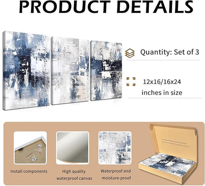 Abstract Blue and White Wall Art Set of 3, Modern Simple Navy Framed Canvas Prints Poster, Gray Painting Picture for Living Room, Bedroom, Office Wall Decor 12x16 Inch