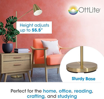 OttLite Archer Floor Lamp - Mid-Century Modern Design, Satin Brass Finish, LED, Adjustable Shade