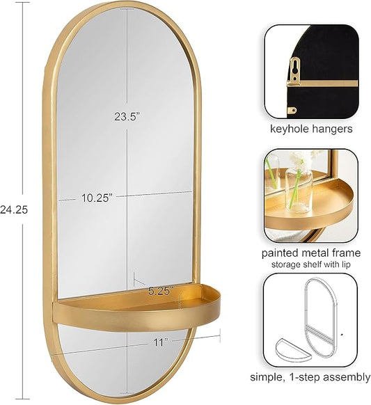 Kate and Laurel Estero Modern Metal Oval Mirror with Rounded Shelf; 11 x 25; Gold; Decorative Modern Glam Capsule Shelf Mirror for Storage and Display