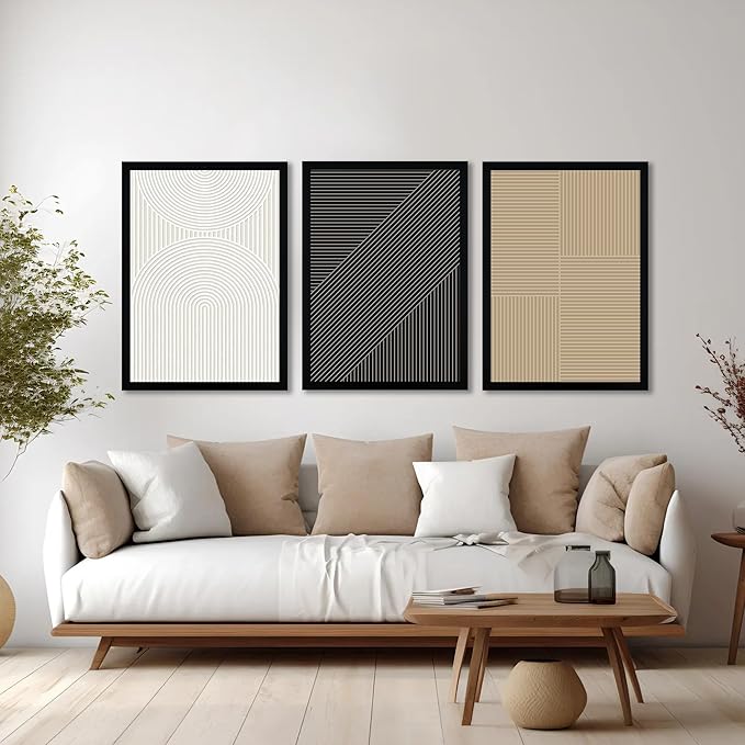 FWAHREN Framed Modern Abstract Minimalist Neutral Canvas Wall Art Set of 3, Geometric Textured Line Mid Century Prints Artwork, Contemporary Japandi Wall Decor, Living Room Bedroom Office, 16x24in