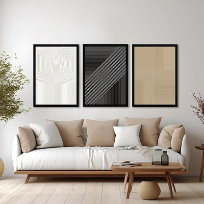 FWAHREN Framed Modern Abstract Minimalist Neutral Canvas Wall Art Set of 3, Geometric Textured Line Mid Century Prints Artwork, Contemporary Japandi Wall Decor, Living Room Bedroom Office, 16x24in