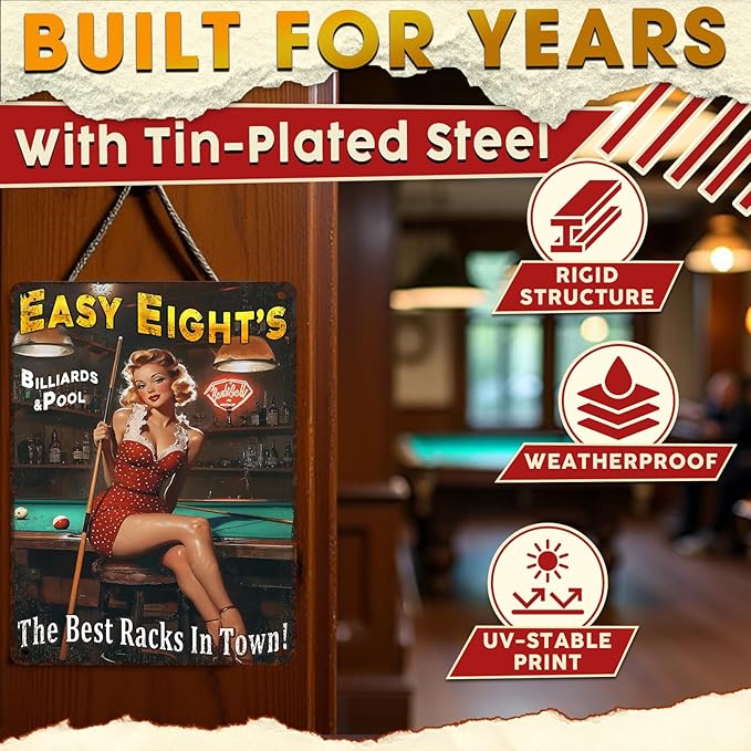 Retro Pin Up Girl Metal Sign Easy Eight's Vintage Man Cave Wall Art for Garage, Bar & Game Room 12x16 Inch Tin Poster