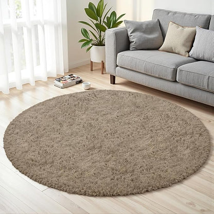Gray Camel Round Fluffy Rug 6ft,Soft Bedroom Circle Rugs Mats for Kids Girls Nursery Room,Washable Plush Shaggy Indoor Non Slip Rug for Bedside Living Room Bedroom Circular Carpet,Home Decor Aesthetic