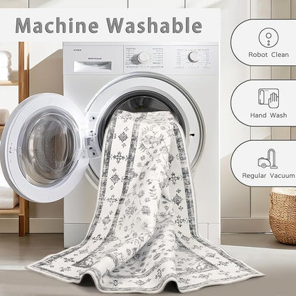 Srugn Washable Rugs 8x10 Area Rugs for Living Room,Rugs for Bedroom,Large Carpets,Ultra Soft Faux Wool Retro Dining Room Rug,Non Slip&Non-Shedding Low Pile Vintage Print Rug for Home Office-Grey