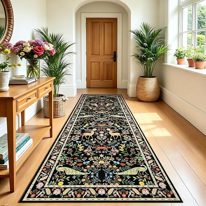 Black Floral 2'6"x8' Washable Non Slip Runner Rugs for Hallways, Non Skid Stain Resistant Rug Runners for Kitchen, Entryway, Mudroom - Dark Floral Cottagecore Home Decor