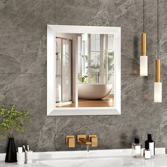 SMIROR Matte White Bathroom Mirror for Over Sink, 20”x 24” Metal Thick Framed Rectangle Vanity Mirror for Wall, Right Angle Corner, Anti-Rust, Horizontally or Vertically Mounted