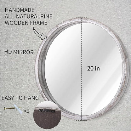 JJUUYOU Large Circle Wall Mirror 20 Inch Rustic White Round Mirror for Bathroom Vanity Wall Mounted Wood Frame Circular Mirror for Living Room, Bedroom, Washroom, Decorative
