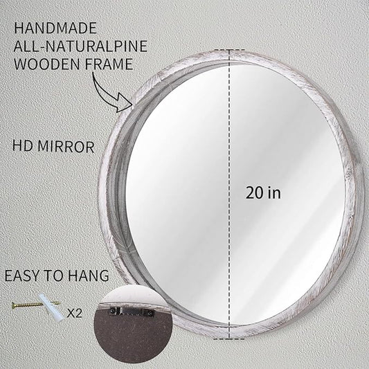 JJUUYOU Large Circle Wall Mirror 20 Inch Rustic White Round Mirror for Bathroom Vanity Wall Mounted Wood Frame Circular Mirror for Living Room, Bedroom, Washroom, Decorative