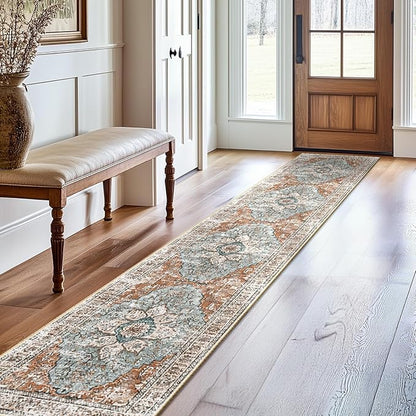 BESTSWEETIE 2x10 Area Rug Washable Rugs for Living Room, No Pile Boho Carpet for Entryway Bedroom Dinning Room, Vintage Carpet Print Distressed Non-Slip, 2 x 10 ft, Green Brick Rust Red