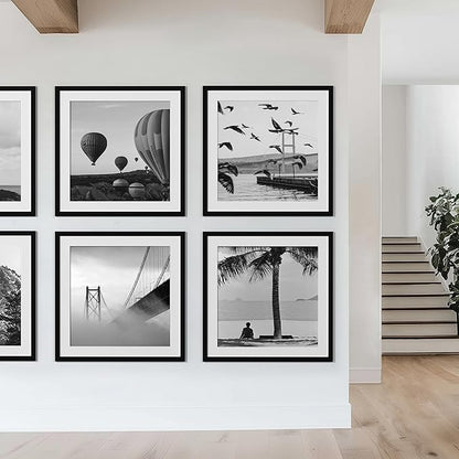 eletecpro 24x24 Picture Frames Set of 9, Classic Gallery Wall Frame Set for 20x20 Photos with Mat or 24x24 without Mat, Storyline Picture Frame for Art Prints, Black Poster Frames for Home Decor Wall