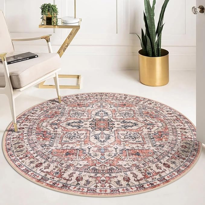 KOZYFLY Boho Round Rug 5 Ft Rugs for Entryway Washable Circle Rug Non Slip Doormat Printed Faux Wool Vintage Round Entryway Rug Floor Carpet Round for Entrance, Bedroom, Red Salmon/Pink/Navy