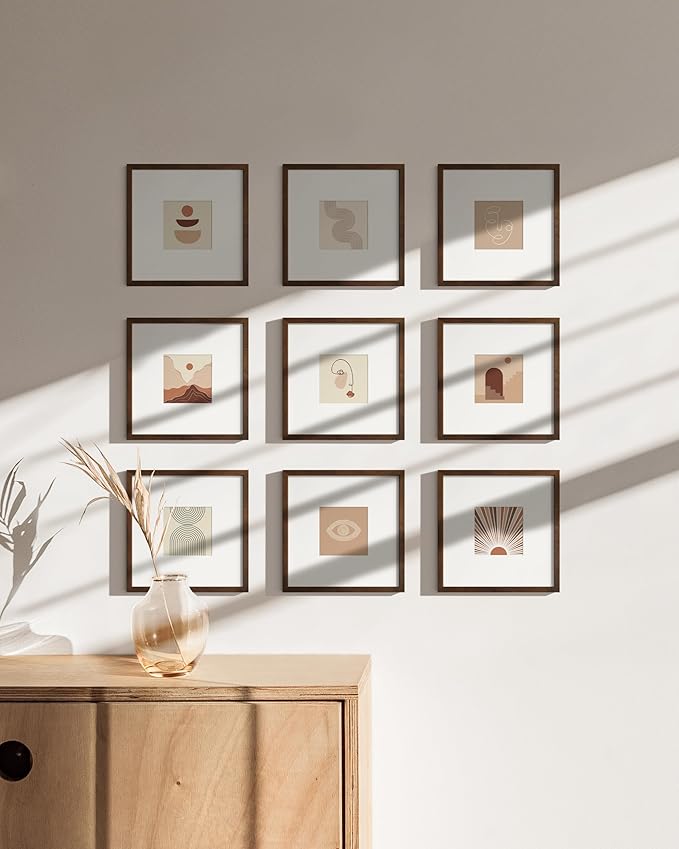 HAUS AND HUES Walnut Oak Wood 8x8 Picture Frames - Set of 9, Square Frames with Mat, Modern Frames for Photos and Artwork (8x8 in, Walnut, Set of 9)