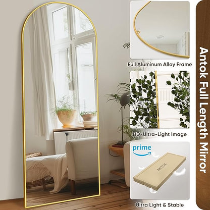 Antok Arched Full Length Mirror, 58"x19" Gold Metal Frame Floor Mirror for Bedroom Living Room, Freestanding/Wall Mount/Leaning