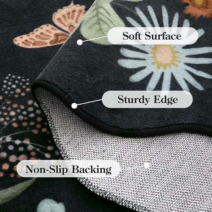 Lahome Floral Rugs for Living Room, 5x7 Area Rugs Ultra-Thin Soft Washable Rug, Non-Slip Bedroom Rug Stain Resistant Boho Flore Carpet for ‎Dining Room Office (5x7ft,Black/Grey)