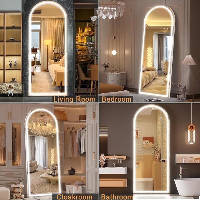 Hasipu 77" x 30" Led Mirror Full Length, Full Length Mirror with Lights Arch Design,Tempered Glass,Shatter-Proof, Dimming & 3 Color Modes for Bedroom Cloakroom-UL