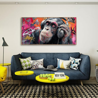 Sorbrozo DJ Gorilla Canvas Wall Art with Wood Frame - Vibrant Street Graffiti Animal Painting Music Themed Ready to Hang Decor for Living Room Bedroom & Man Cave 24x48in