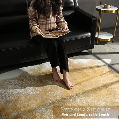 Washable Cowhide Rug for Living Room, Large 6x7 Khaki Faux Cow Print Area Rugs, Non Slip Animal Skin Bedroom Carpet, Rustic Western Home Decor Fake Hide Floor Mat for Office Fireplace