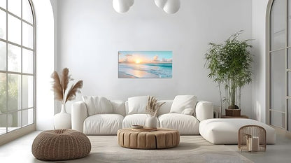 TutuBeer Beach Pictures Wall Art Beach Canvas Wall Art White Ocean at Sunrise Print on Canvas Seascape Paintings Coastal Picture Framed Artwork for Bathroom Living Room Office Home Decor 8" x 16"