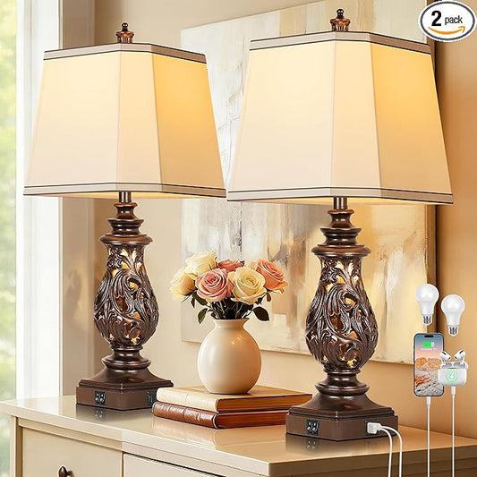 PARTPHONER 29" Table Lamps Set of 2, Bedside Lamps with USB A+C Ports & Night Light, Farmhouse Nightstand Lamps with Faux Silk Shades for Bedroom Living Room, Vintage Brown (LED Bulbs Included)