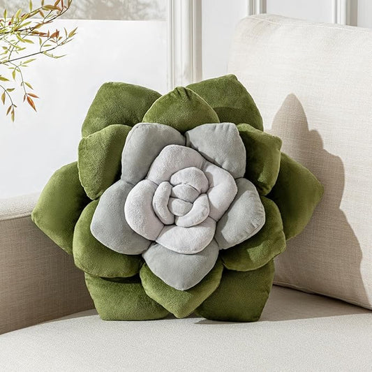 3D Plant Pillow 17.7'' Cute Flower Throw Pillow Grey Green Plant Shaped Decor Soft Unique Plush Decorative Pillow Throw Cushions for Bedroom Home Decorations