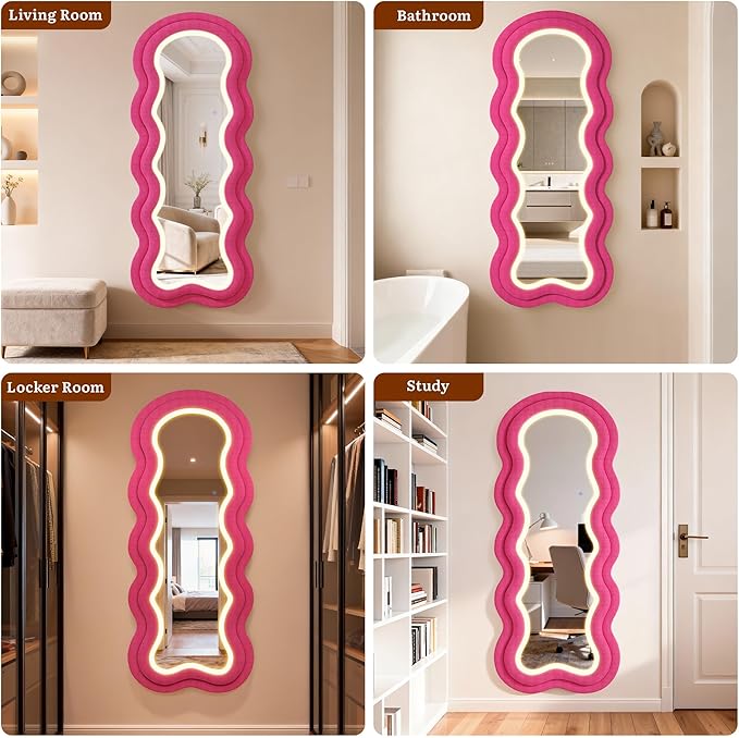 Wavy Full Length Mirror, 63"×24" Irregular Full Body Mirror with 3-Color Adjustable Light, Luxury Velvet Frame Floor/Wall Mounted Mirror for Living Room/Bedroom/Dressing Room, Ideal for Girls