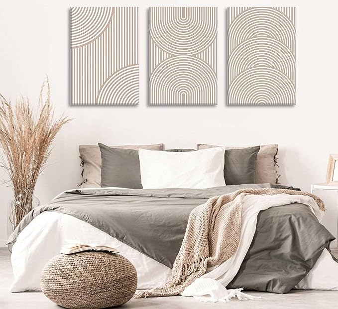 3Pcs Beige Neutral Canvas Wall Art Boho Minimalist Line Paintings Abstract Beige and White Line Wall Decor Mid Century Geometric Posters Prints for Living Room Bedroom Office Art Pictures Framed