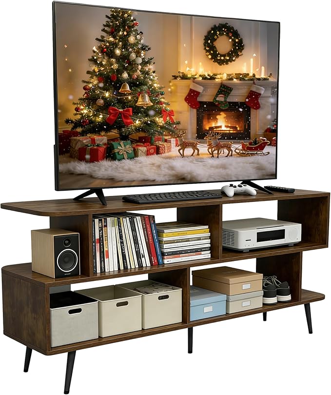 Lightdot 55 Inch TV Stand, up to 65 Inch TVs, Large Storage for Collection with 6 Open Shelves, Sturdy Media Console Table for Living Room/Entrance/Kitchen/Sofa Cabinet, Easy Assembly, Amber