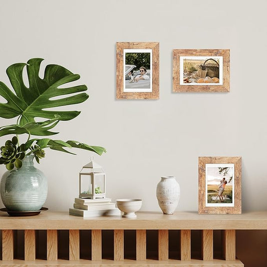 iRahmen 4x6 Picture Frame Set of 2, Wood Rustic Brown Frame with High Definition Glass, Display Pictures 3.5x5 with Mat or 4 x 6 without Mat for Tabletop Display and Wall Mounting