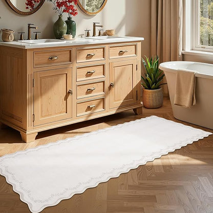 GarveeHome 2.5x8 Scalloped Washable Runner Rug for Kitchen, Soft Neutral Beige Long Hallway Runner Non Slip Entryway Rug Farmhouse Thin Laundry Mat Stain Resistant Carpet for Bathroom Beside Rug