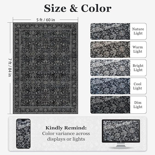 Dark 5x7 Area Rugs for Living Room Bedroom, Washable Non Slip Low Pile Thin Soft Carpet Rugs for Dining Room/Kitchen/Home Office/Nursery, Vintage Farmhouse Earth Tone Midnight with Gray Accents
