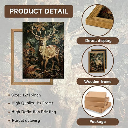 AKWISH Framed 3D Textured Vintage Wall Art - Dark Academia Decor Sika Deer Hand Drawn Sandstone Paintings with Botanical Florals, Aesthetic Wall Decor for Living Room Bedroom Home 12x16 inch