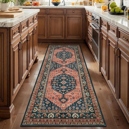 Tangsoo 2x5 Washable Runner Rug for Hallway,Non Slip Vintage Rug Runner for Entryway,Red Blue Floral Soft Low Pile Floor Carpet Runner for Kitchen Bedroom Laundry Bathroom