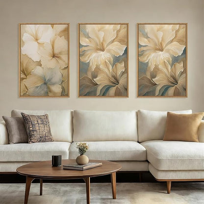 KAIRNE Neutral magnolia Floral Framed Canvas Wall Art Set, Modern Beige Flower Wall Decor,Aesthetic Wildflower Art Prints,Boho Botanical Artwork for Living Room,Bedroom,Farmhouse,Office-16 x24 x3