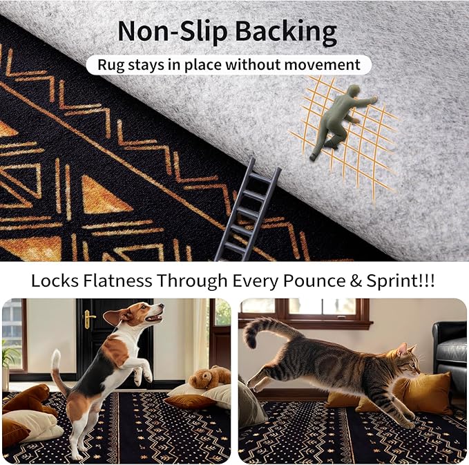 SERISSA 3x5 Area Rugs for Living Room, Washable Non-Slip Black and Gold Small Boho Rug, Soft Low-Pile Geometric Indoor Throw Carpet for Bedroom Kitchen Dining Room Office
