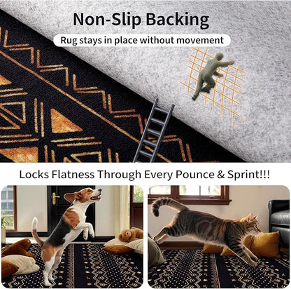 SERISSA 5x7 Area Rugs for Living Room, Washable Non-Slip Black and Gold Boho Rug, Soft Low-Pile Geometric Indoor Large Carpet for Dining Room Bedroom Home Office Playroom